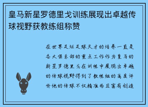 皇马新星罗德里戈训练展现出卓越传球视野获教练组称赞 皇马新星罗德里戈训练展现出卓越传球视野获教练组称赞